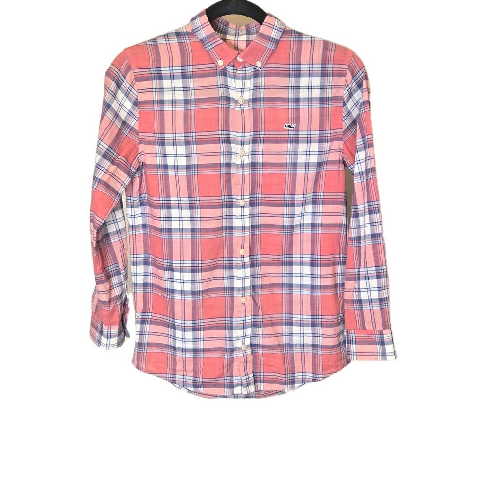Vineyard Vines Youth Whale Shirt Pink Blue Plaid, Button Down, 100% Cotton Sz M